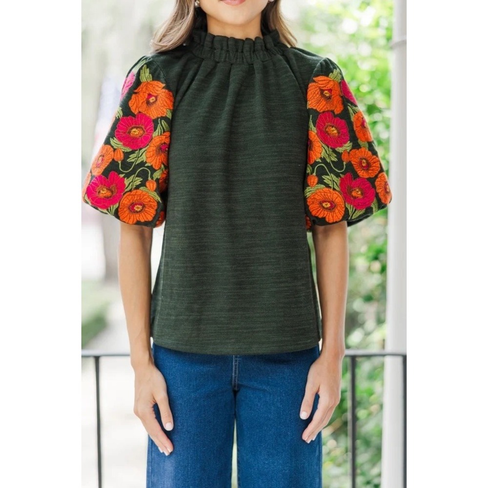 THML Dark Green Floral Boho Embroidered Puff Sleeve Ruffle Neck Blouse Small